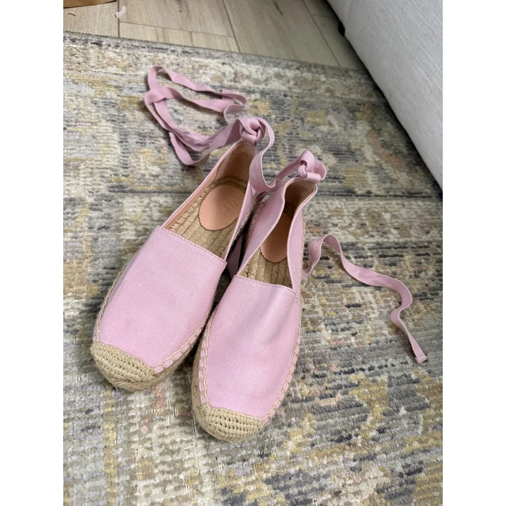 J.Crew Pink Canvas Lace Up Espadrille Flats Ankle Tie Shoes Womens 6